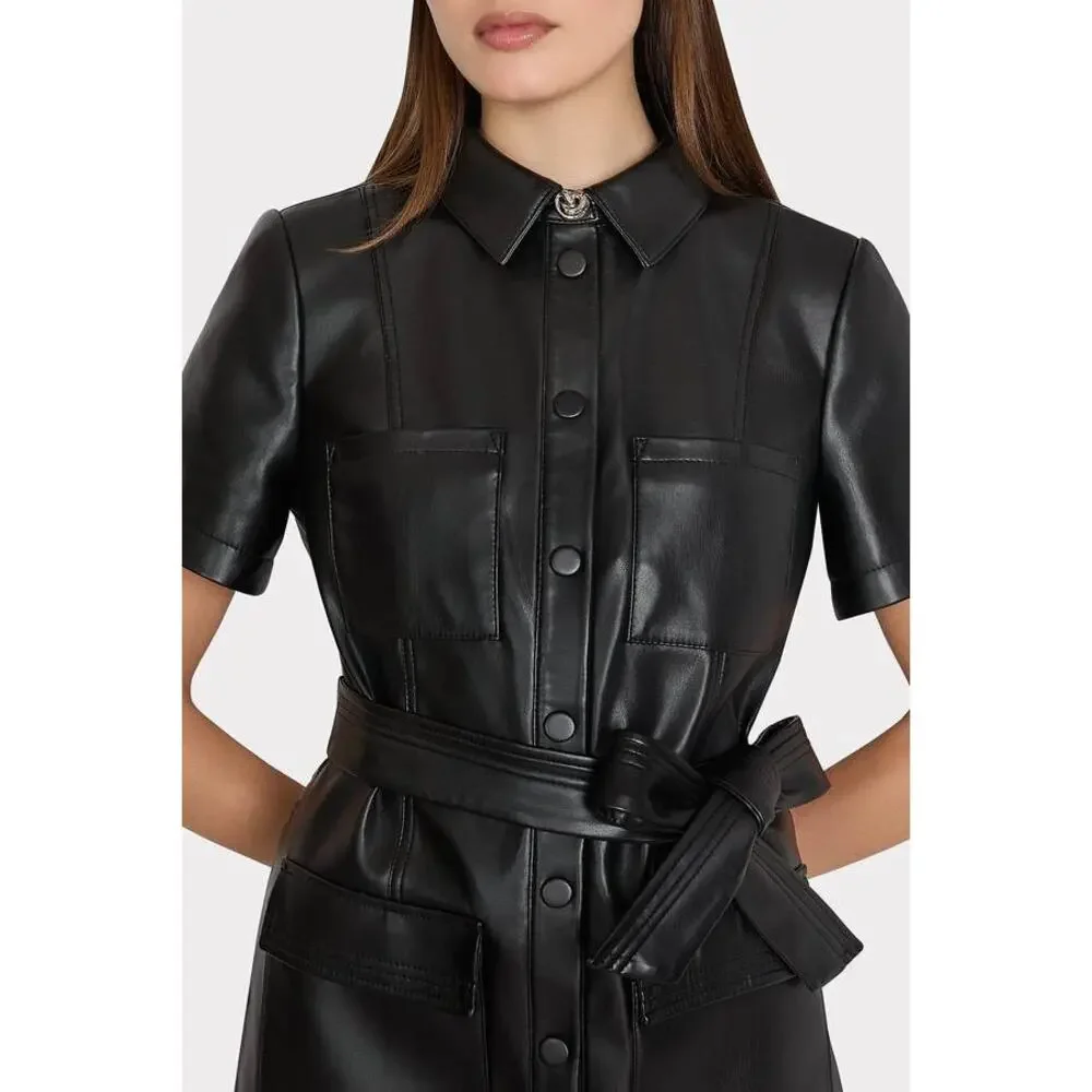 Milly Haven Black Vegan Leather Mini Shirt Dress Size 2 NWT Glamoratti Office